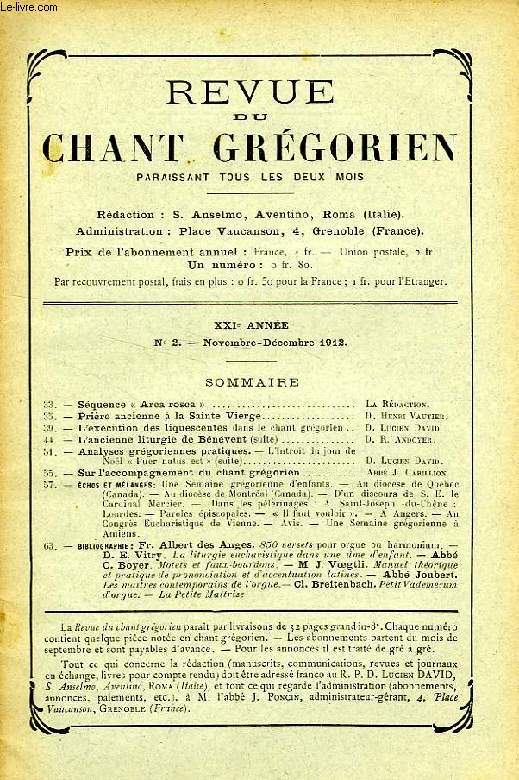 REVUE DU CHANT GREGORIEN, XXIe ANNEE, N 2, NOV.-DEC. 1912