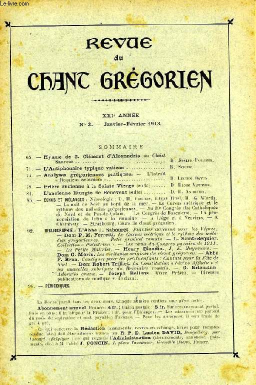 REVUE DU CHANT GREGORIEN, XXIe ANNEE, N 3, JAN.-FEV. 1913