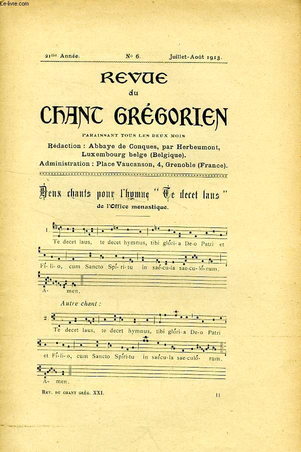 REVUE DU CHANT GREGORIEN, XXIe ANNEE, N 6, JUILLET-AOUT 1913