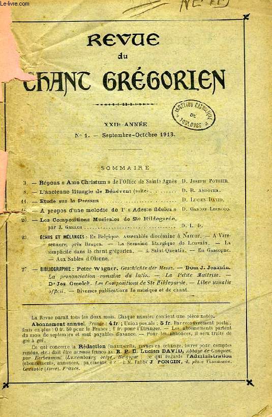 REVUE DU CHANT GREGORIEN, XXIIe ANNEE, N 1, SEP.-OCT. 1913