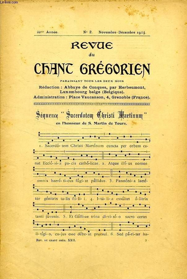REVUE DU CHANT GREGORIEN, XXIIe ANNEE, N 2, NOV.-DEC. 1913