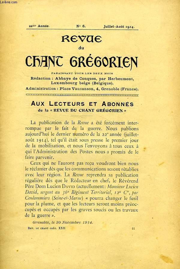 REVUE DU CHANT GREGORIEN, XXIIe ANNEE, N 6, JUILLET-AOUT 1914