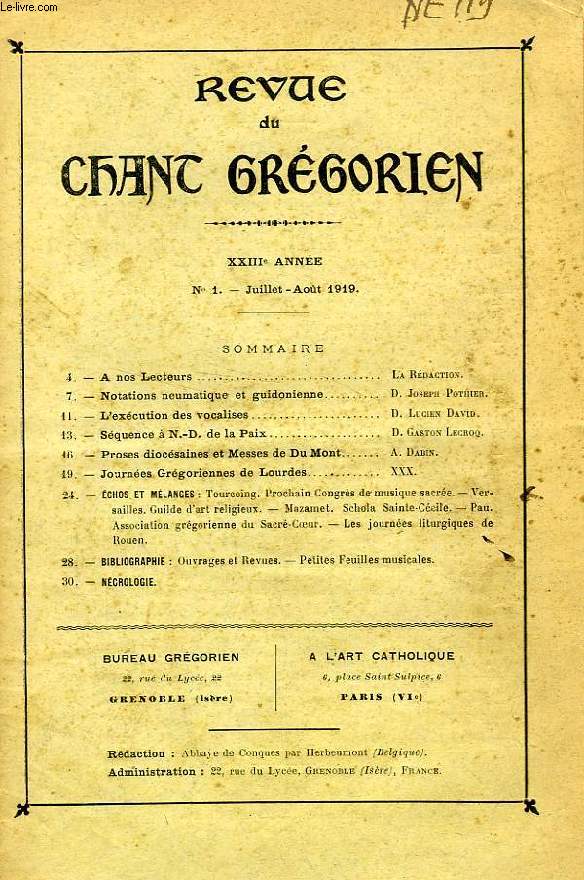 REVUE DU CHANT GREGORIEN, XXIIIe ANNEE, N 1, JUILLET-AOUT 1919
