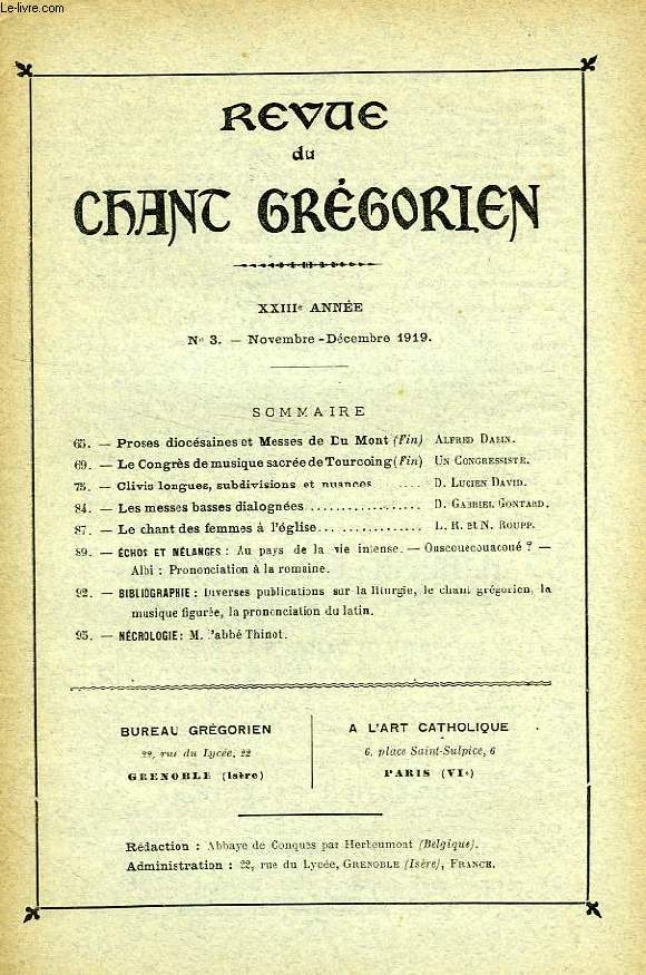 REVUE DU CHANT GREGORIEN, XXIIIe ANNEE, N 3, NOV.-DEC. 1919
