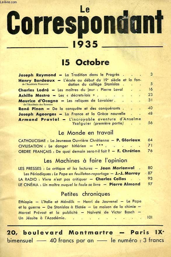 LE CORRESPONDANT, 15 OCT. 1935