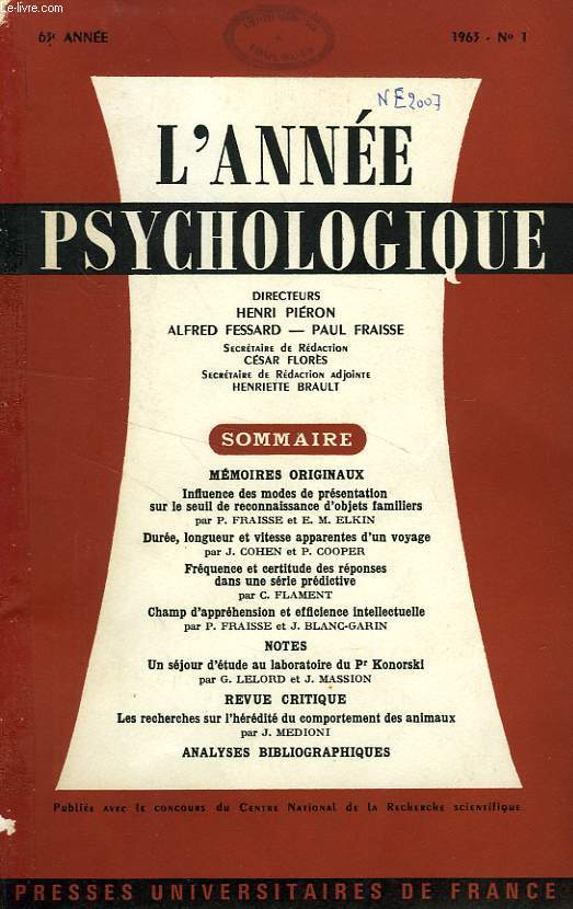 L'ANNEE PSYCHOLOGIQUE, 63e ANNEE, FASC. N 1, 1963