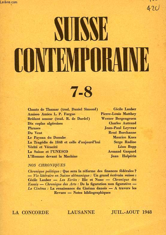 SUISSE CONTEMPORAINE, N 7-8, JUILLET-AOUT 1948