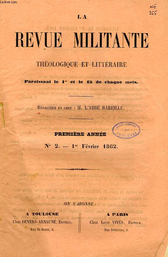 LA REVUE MILITANTE, THEOLOGIQUE ET LITTERAIRE, 1re ANNEE, N 2, 1er FEV. 1862