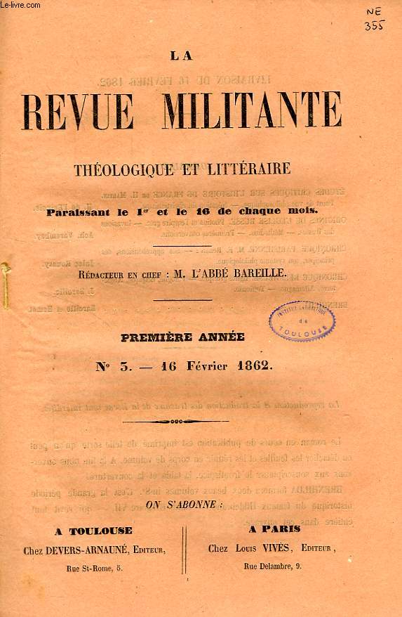 LA REVUE MILITANTE, THEOLOGIQUE ET LITTERAIRE, 1re ANNEE, N 3, 16 FEV. 1862