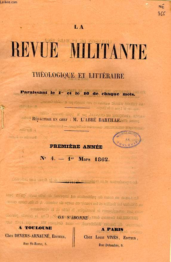 LA REVUE MILITANTE, THEOLOGIQUE ET LITTERAIRE, 1re ANNEE, N 4, 1er MARS 1862