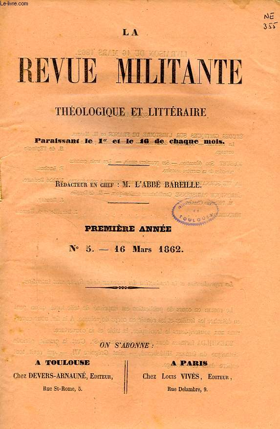 LA REVUE MILITANTE, THEOLOGIQUE ET LITTERAIRE, 1re ANNEE, N 5, 16 MARS 1862