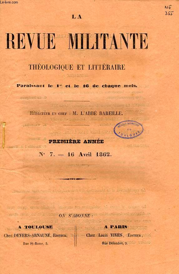 LA REVUE MILITANTE, THEOLOGIQUE ET LITTERAIRE, 1re ANNEE, N 7, 16 AVRIL 1862