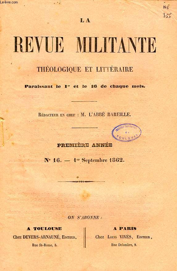 LA REVUE MILITANTE, THEOLOGIQUE ET LITTERAIRE, 1re ANNEE, N 16, 1er SEPT. 1862