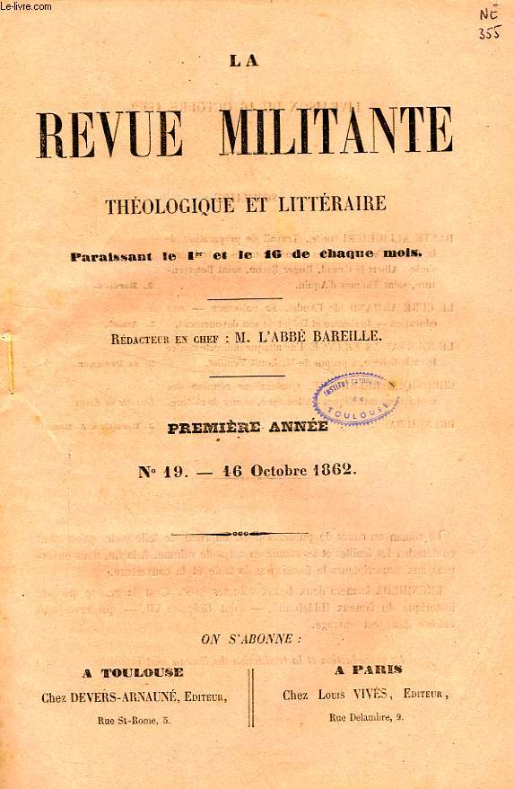 LA REVUE MILITANTE, THEOLOGIQUE ET LITTERAIRE, 1re ANNEE, N 19, 16 OCT. 1862