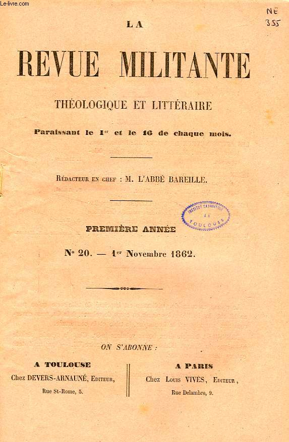 LA REVUE MILITANTE, THEOLOGIQUE ET LITTERAIRE, 1re ANNEE, N 20, 1er NOV. 1862