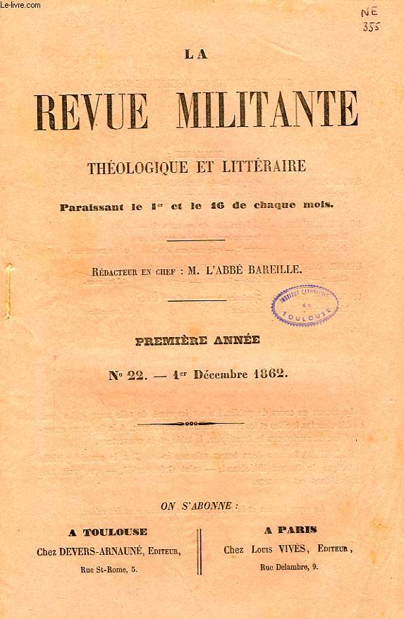 LA REVUE MILITANTE, THEOLOGIQUE ET LITTERAIRE, 1re ANNEE, N 22, 1er DEC. 1862