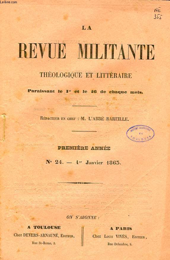 LA REVUE MILITANTE, THEOLOGIQUE ET LITTERAIRE, 1re ANNEE, N 24, 1er JAN. 1863