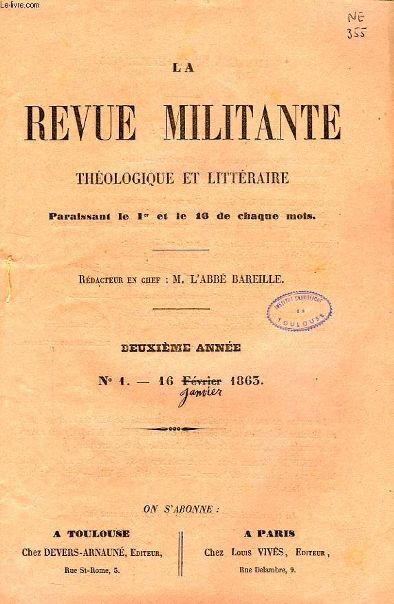 LA REVUE MILITANTE, THEOLOGIQUE ET LITTERAIRE, 2e ANNEE, N 1, 16 JAN. 1863