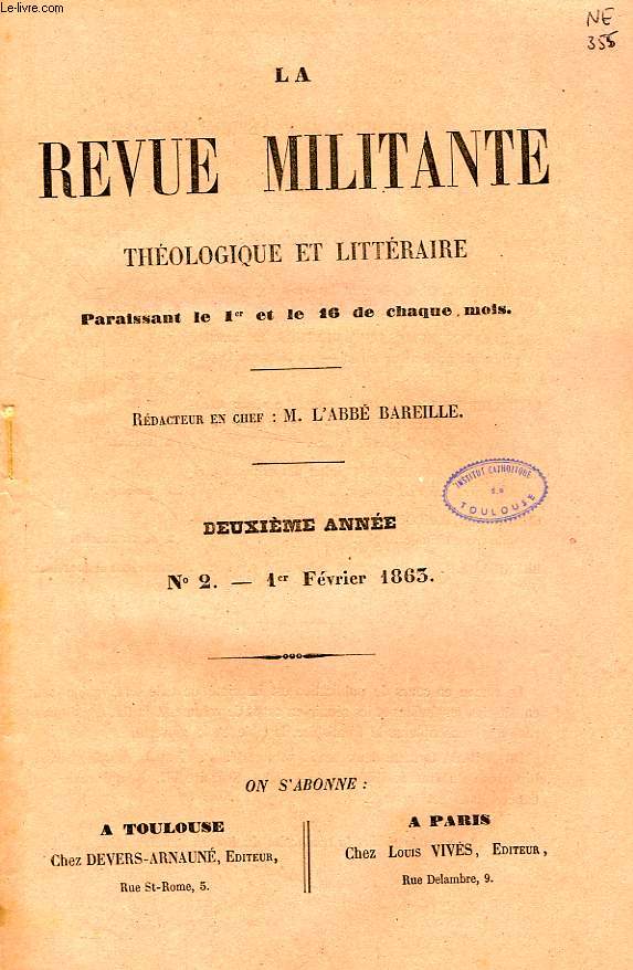 LA REVUE MILITANTE, THEOLOGIQUE ET LITTERAIRE, 2e ANNEE, N 2, 1er FEV. 1863