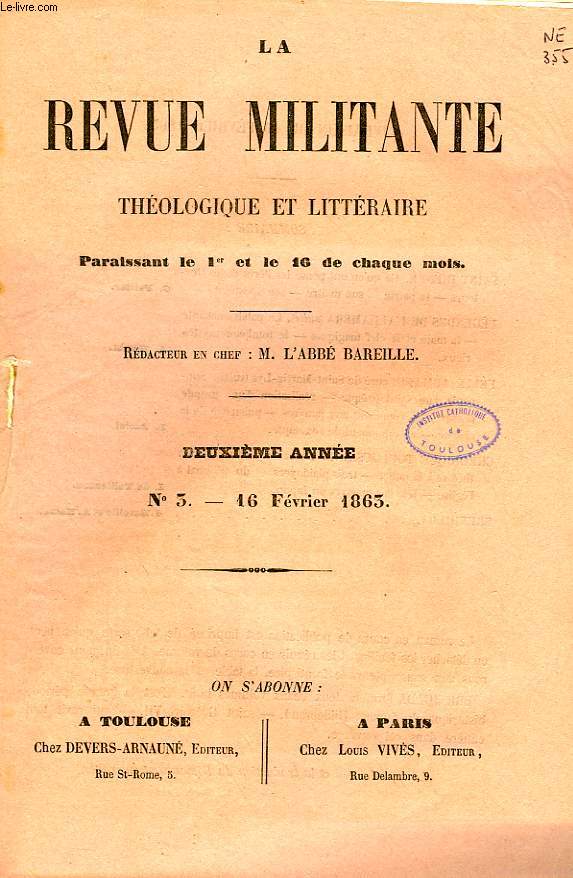 LA REVUE MILITANTE, THEOLOGIQUE ET LITTERAIRE, 2e ANNEE, N 3, 16 FEV. 1863