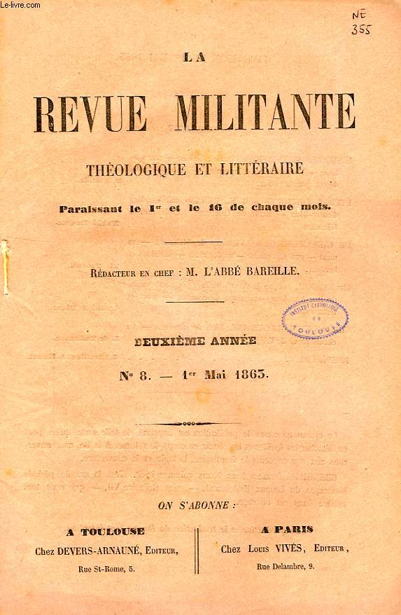 LA REVUE MILITANTE, THEOLOGIQUE ET LITTERAIRE, 2e ANNEE, N 8, 1er MAI 1863