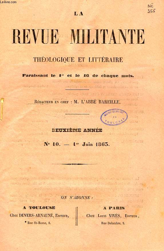 LA REVUE MILITANTE, THEOLOGIQUE ET LITTERAIRE, 2e ANNEE, N 10, 1er JUIN 1863
