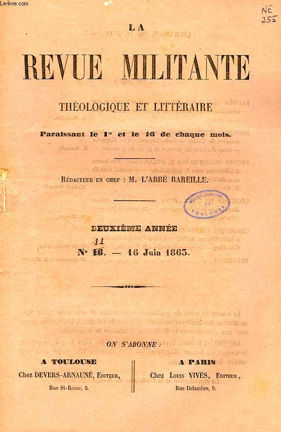 LA REVUE MILITANTE, THEOLOGIQUE ET LITTERAIRE, 2e ANNEE, N 11, 16 JUIN 1863