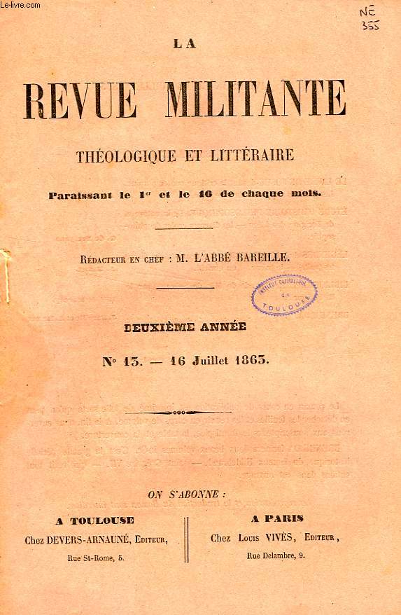 LA REVUE MILITANTE, THEOLOGIQUE ET LITTERAIRE, 2e ANNEE, N 13, 16 JUILLET 1863