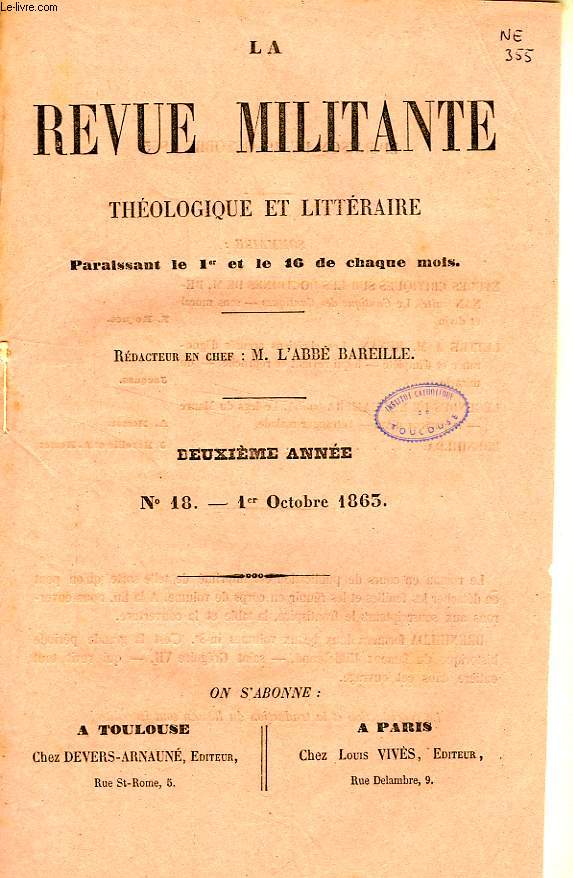 LA REVUE MILITANTE, THEOLOGIQUE ET LITTERAIRE, 2e ANNEE, N 18, 1er OCT. 1863