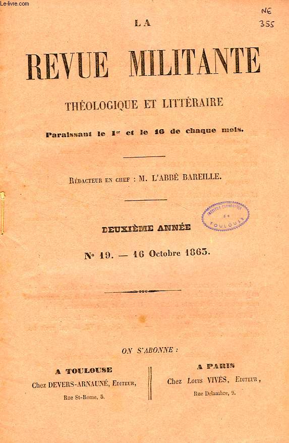 LA REVUE MILITANTE, THEOLOGIQUE ET LITTERAIRE, 2e ANNEE, N 19, 16 OCT. 1863
