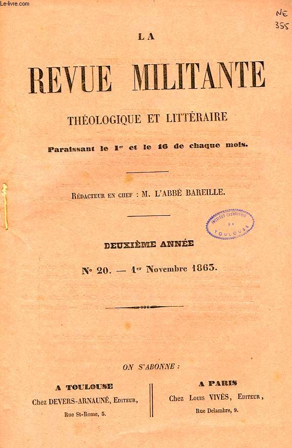LA REVUE MILITANTE, THEOLOGIQUE ET LITTERAIRE, 2e ANNEE, N 20, 1er NOV. 1863
