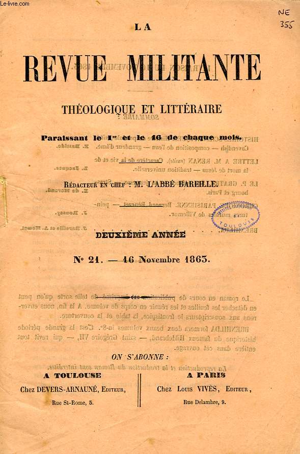 LA REVUE MILITANTE, THEOLOGIQUE ET LITTERAIRE, 2e ANNEE, N 21, 16 NOV. 1863