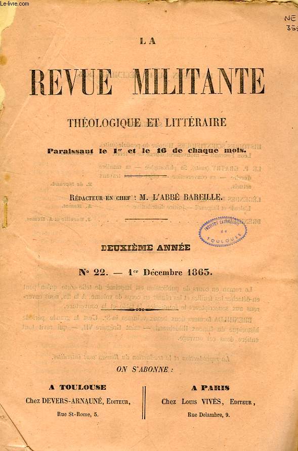 LA REVUE MILITANTE, THEOLOGIQUE ET LITTERAIRE, 2e ANNEE, N 22, 1er DEC. 1863