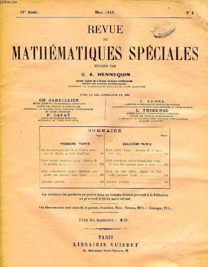 REVUE DE MATHEMATIQUES SPECIALES, 50e ANNEE, N 6, MARS 1940