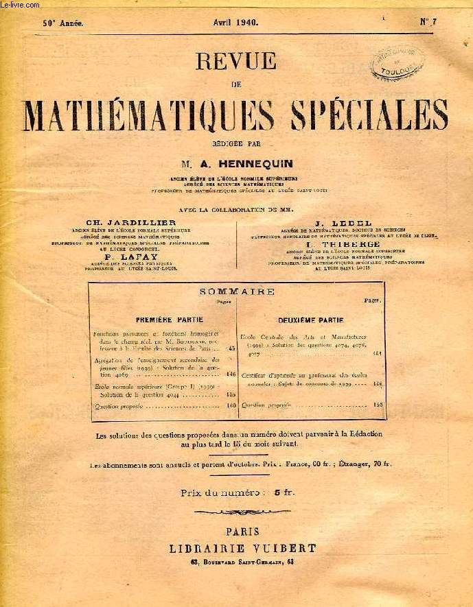 REVUE DE MATHEMATIQUES SPECIALES, 50e ANNEE, N 7, AVRIL 1940