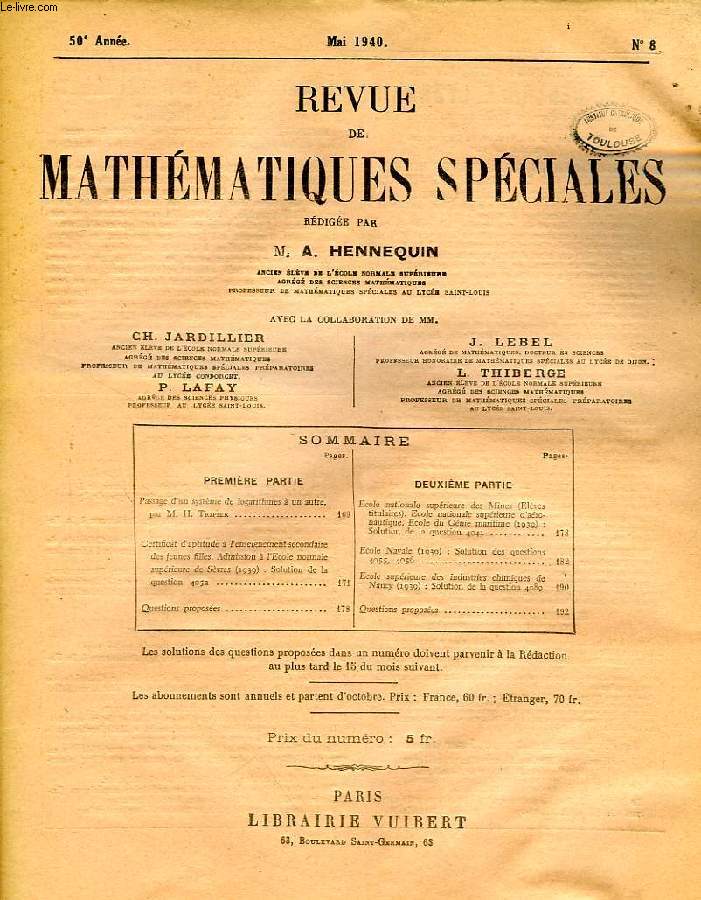 REVUE DE MATHEMATIQUES SPECIALES, 50e ANNEE, N 8, MAI 1940