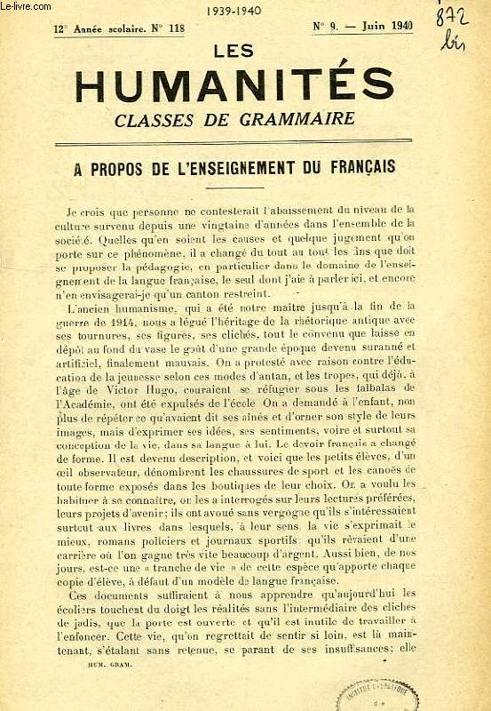 LES HUMANITES, CLASSES DE GRAMMAIRE, 12e ANNEE, N 118, JUIN 1940