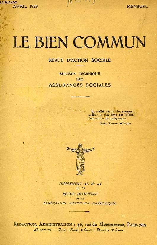 LE BIEN COMMUN, REVUE D'ACTION SOCIALE, AVRIL 1929