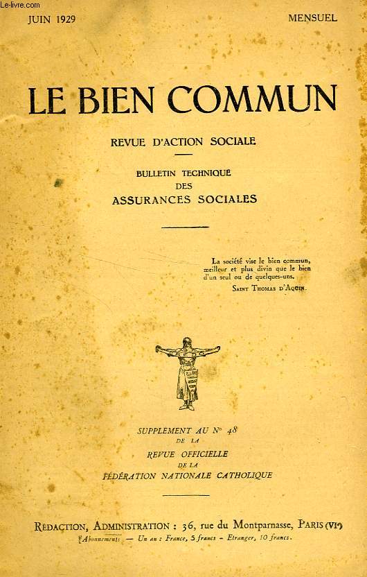 LE BIEN COMMUN, REVUE D'ACTION SOCIALE, JUIN 1929