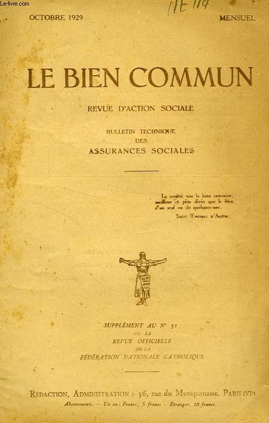 LE BIEN COMMUN, REVUE D'ACTION SOCIALE, OCT. 1929