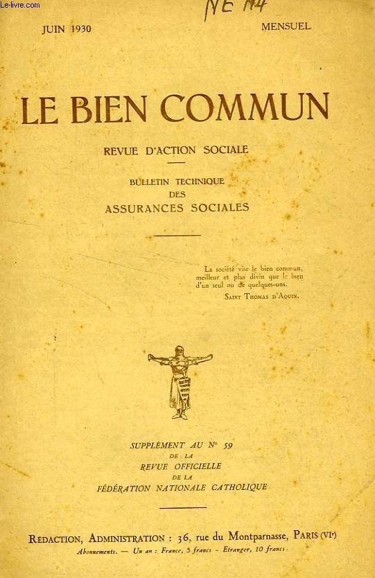 LE BIEN COMMUN, REVUE D'ACTION SOCIALE, JUIN 1930