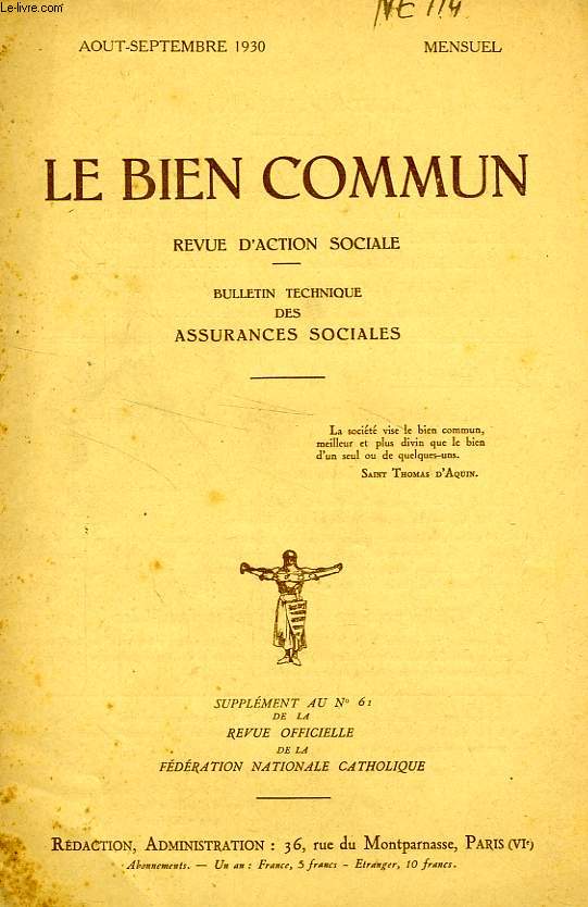 LE BIEN COMMUN, REVUE D'ACTION SOCIALE, AOUT-SEPT. 1930