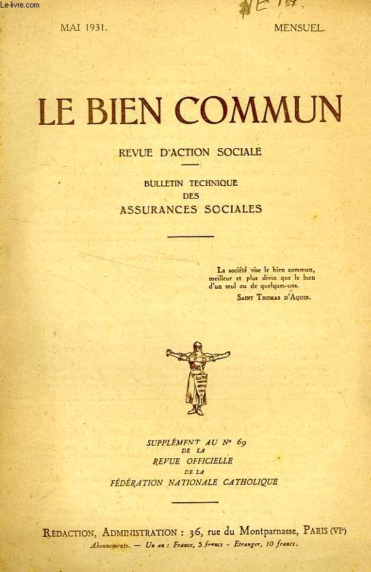 LE BIEN COMMUN, REVUE D'ACTION SOCIALE, MAI 1931
