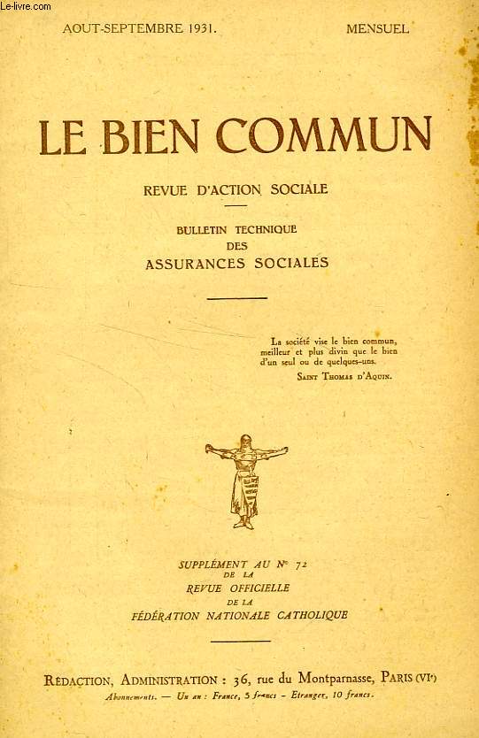 LE BIEN COMMUN, REVUE D'ACTION SOCIALE, AOUt-SEPT. 1931