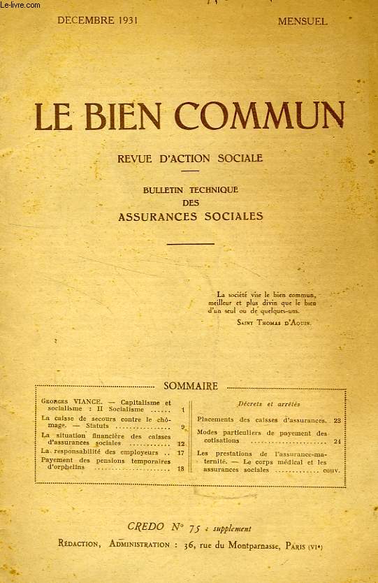 LE BIEN COMMUN, REVUE D'ACTION SOCIALE, DEC. 1931