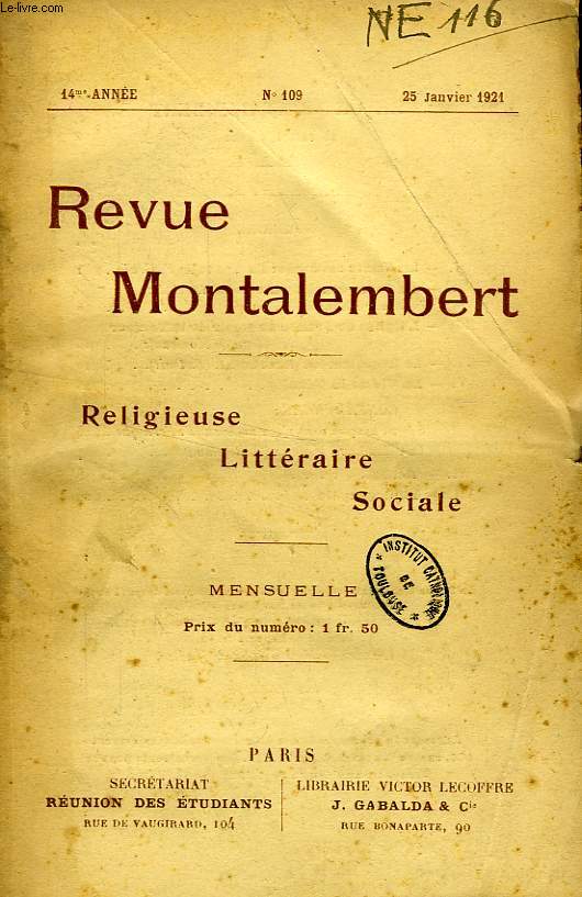 REVUE MONTALEMBERT, 14e ANNEE, N 109, JAN. 1921, RELIGIEUSE, LITTERAIRE, SOCIALE