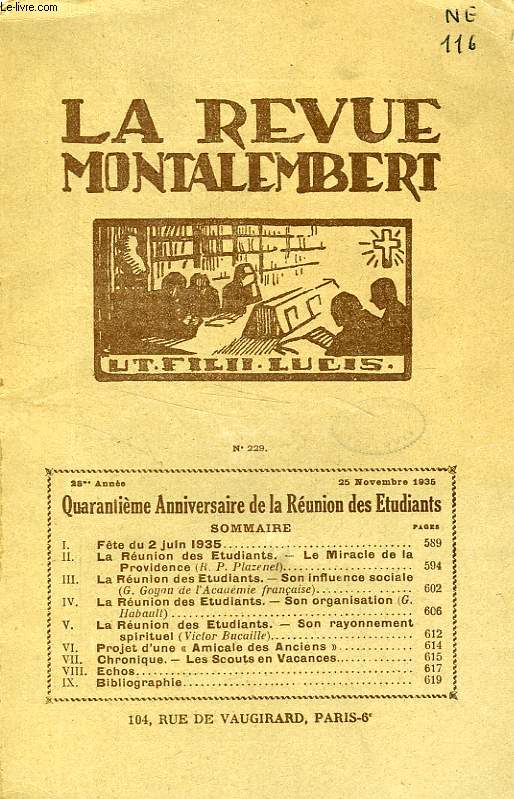 REVUE MONTALEMBERT, 28e ANNEE, N 229, NOV. 1935