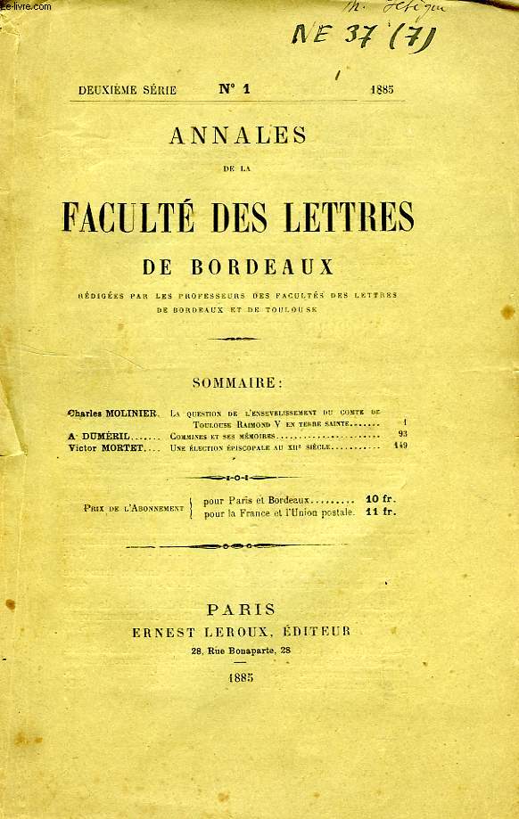 ANNALES DE LA FACULTE DES LETTRES DE BORDEAUX, 2e SERIE, N 1, 1885
