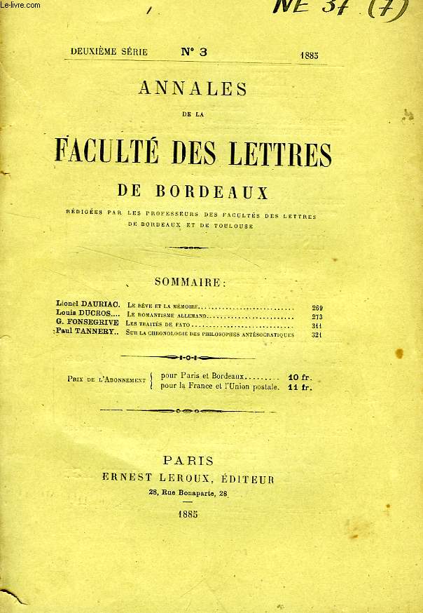 ANNALES DE LA FACULTE DES LETTRES DE BORDEAUX, 2e SERIE, N 3, 1885