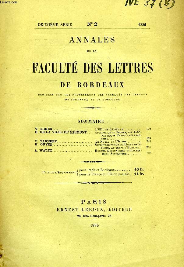ANNALES DE LA FACULTE DES LETTRES DE BORDEAUX, 2e SERIE, N° 2, 1886